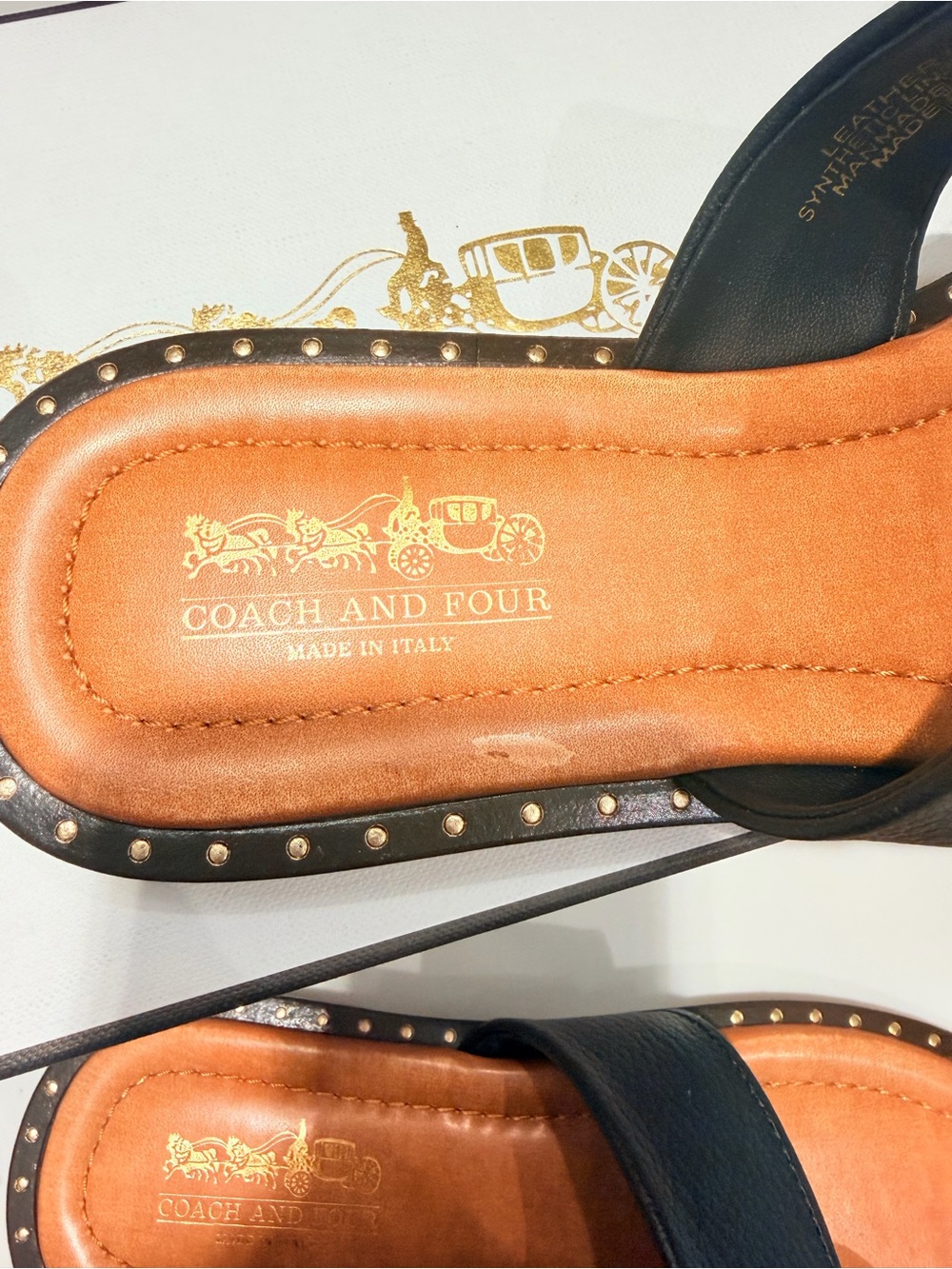 Coach and Four Black and Tan Leather Slide Sandals with Gold Accents - Picture 6 of 15